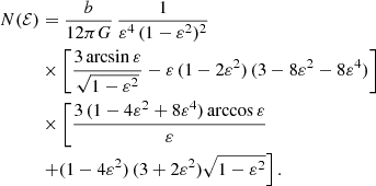 Mathematical equation: $$ \begin{aligned} N(\mathcal{{E}})&= \frac{b}{12\pi G} \,\frac{1}{\varepsilon ^4\,(1-\varepsilon ^2)^2} \nonumber \\&\times \left[\frac{3\arcsin \varepsilon }{\sqrt{1-\varepsilon ^2}} - \varepsilon \,(1-2\varepsilon ^2)\,(3-8\varepsilon ^2-8\varepsilon ^4)\right] \nonumber \\&\times \left[ \frac{3\,(1-4\varepsilon ^2+8\varepsilon ^4)\arccos \varepsilon }{\varepsilon }\right.\nonumber \\&\left.+ (1-4\varepsilon ^2)\,(3+2\varepsilon ^2)\sqrt{1-\varepsilon ^2}\right]. \end{aligned} $$