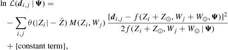 Mathematical equation: $$ \begin{aligned}&\ln \, \mathcal{L} (\boldsymbol{d}_{i,j}\,|\,\boldsymbol{\Psi }) = \nonumber \\&\quad - \sum _{i,j} \theta (|Z_i|-\bar{Z}) \, M(Z_i,W_j) \, \dfrac{[\boldsymbol{d}_{i,j}-f(Z_i+Z_\odot ,W_j+W_\odot ,\boldsymbol{\Psi })]^2}{2 f(Z_i+Z_\odot ,W_j+W_\odot \,|\,\boldsymbol{\Psi })} \nonumber \\&\quad + \{\mathrm{constant\ term}\}, \end{aligned} $$