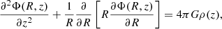 Mathematical equation: $$ \begin{aligned} \frac{\partial ^2\Phi (R,z)}{\partial z^2} + \frac{1}{R}\frac{\partial }{\partial R} \left[ R \frac{\partial \Phi (R,z)}{\partial R} \right] = 4\pi G \rho (z), \end{aligned} $$