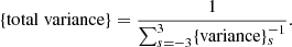 Mathematical equation: $$ \begin{aligned} \{\mathrm{total\ variance}\} = \frac{1}{\sum _{s=-3}^{3}\{\mathrm{variance}\}_s^{-1}}. \end{aligned} $$