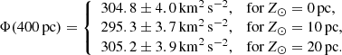 Mathematical equation: $$ \begin{aligned} \Phi (400\,\mathrm{pc}) = {\left\{ \begin{array}{ll} 304.8 \pm 4.0\,\mathrm{km}^2\,\mathrm{s}^{-2}, \quad \mathrm{for} \, Z_\odot =0\,\mathrm{pc}, \\ 295.3 \pm 3.7\,\mathrm{km}^2\,\mathrm{s}^{-2}, \quad \mathrm{for} \, Z_\odot =10\,\mathrm{pc}, \\ 305.2 \pm 3.9\,\mathrm{km}^2\,\mathrm{s}^{-2}, \quad \mathrm{for} \, Z_\odot =20\,\mathrm{pc}. \end{array}\right.} \end{aligned} $$