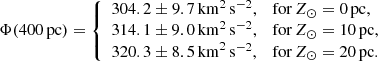 Mathematical equation: $$ \begin{aligned} \Phi (400\,\mathrm{pc}) = {\left\{ \begin{array}{ll} 304.2 \pm 9.7\,\mathrm{km}^2\,\mathrm{s}^{-2}, \quad \mathrm{for} \, Z_\odot =0\,\mathrm{pc}, \\ 314.1 \pm 9.0\,\mathrm{km}^2\,\mathrm{s}^{-2}, \quad \mathrm{for} \, Z_\odot =10\,\mathrm{pc}, \\ 320.3 \pm 8.5\,\mathrm{km}^2\,\mathrm{s}^{-2}, \quad \mathrm{for} \, Z_\odot =20\,\mathrm{pc}. \end{array}\right.} \end{aligned} $$