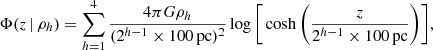 Mathematical equation: $$ \begin{aligned} \Phi (z\,|\,\rho _h) = \sum _{h=1}^{4} \frac{4 \pi G \rho _h}{(2^{h-1} \times 100\,\mathrm{pc})^2}\log \Bigg [\cosh \Bigg (\dfrac{z}{2^{h-1} \times 100\,\mathrm{pc}}\Bigg )\Bigg ], \end{aligned} $$