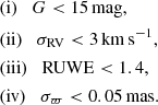 Mathematical equation: $$ \begin{aligned}&(\mathrm{i}) \quad G<15\,\mathrm{mag}, \nonumber \\&(\mathrm{ii}) \quad \sigma _{\rm RV} < 3\,\mathrm{km}\,\mathrm{s}^{-1}, \nonumber \\&(\mathrm{iii}) \quad \mathrm{RUWE}<1.4, \nonumber \\&(\mathrm{iv}) \quad \sigma _{\varpi } < 0.05\,\mathrm{mas}. \end{aligned} $$