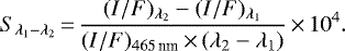 Mathematical equation: \begin{equation*}S_{\lambda_1-\lambda_2}\,{=}\, \frac{({I}/{F})_{\lambda_2}-({I}/{F})_{\lambda_1}} {({I}/{F})_{{465}\,\textrm{nm}}\,{\times}\,(\lambda_2-\lambda_1)}\,{\times}\,10^4 .\end{equation*}