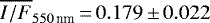 Mathematical equation: $\overline{I/F}_{550\,\textrm{nm}}\,{=}\,0.179\,{\pm}\,0.022$