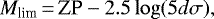 Mathematical equation: \begin{equation*} M_{\textrm{lim}}\,{=}\,\textrm{ZP} -2.5 \log(5 d \sigma), \end{equation*}