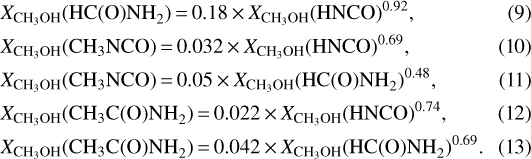 Mathematical equation: \begin{align*} \label{} & X_{\textrm{CH}_{3}\textrm{OH}}(\textrm{HC(O)NH}_{2})\,{=}\,0.18\,{\times}\, X_{\textrm{CH}_{3}\textrm{OH}}(\textrm{HNCO})^{0.92}, \\ & X_{\textrm{CH}_{3}\textrm{OH}}(\textrm{CH}_{3}\textrm{NCO})\,{=}\,0.032\,{\times}\, X_{\textrm{CH}_{3}\textrm{OH}}(\textrm{HNCO})^{0.69}, \\ & X_{\textrm{CH}_{3}\textrm{OH}}(\textrm{CH}_{3}\textrm{NCO})\,{=}\,0.05\,{\times}\, X_{\textrm{CH}_{3}\textrm{OH}}(\textrm{HC(O)NH}_{2})^{0.48}, \\ & X_{\textrm{CH}_{3}\textrm{OH}}(\textrm{CH}_{3}\textrm{C(O)NH}_{2})\,{=}\,0.022\,{\times}\, X_{\textrm{CH}_{3}\textrm{OH}}(\textrm{HNCO})^{0.74}, \\ & X_{\textrm{CH}_{3}\textrm{OH}}(\textrm{CH}_{3}\textrm{C(O)NH}_{2})\,{=}\, 0.042\,{\times}\, X_{\textrm{CH}_{3}\textrm{OH}}(\textrm{HC(O)NH}_{2})^{0.69}. \end{align*}