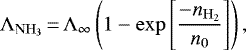 Mathematical equation: \begin{align*}\Lambda_{\mathrm{NH}_3}\,{=}\,\Lambda_{\infty} \left(1 - \exp\left[\frac{-n_{\mathrm{H}_2}}{n_{\mathrm{0}}}\right]\right),\end{align*}