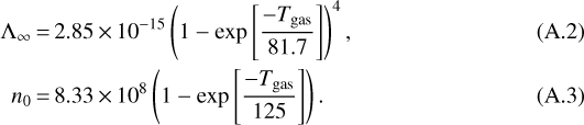 Mathematical equation: \begin{align*}\Lambda_{\infty} &\,{=}\,2.85\,{\times}\,10^{-15} \left(1 - \exp\left[\frac{-T_{\textrm{gas}}}{81.7}\right] \right){}^4, \\n_{\mathrm{0}} &\,{=}\,8.33\,{\times}\,10^{8} \left(1 - \exp\left[\frac{-T_{\textrm{gas}}}{125} \right] \right).\end{align*}