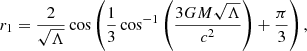 Mathematical equation: $$ \begin{aligned} r_{1} = \frac{2}{\sqrt{\Lambda }} \cos \left(\frac{1}{3} \cos ^{-1} \left(\frac{3 GM \sqrt{\Lambda }}{c^2}\right)+ \frac{\pi }{3}\right), \end{aligned} $$