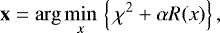 Mathematical equation: \begin{equation*} \textbf{x} = \arg\min_{x}\,\,\Bigl\{\,\chi^2 + \alpha R(x)\Bigr\}\,, \end{equation*}