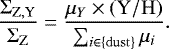 Mathematical equation: \begin{equation*} \frac{\Sigma_{\mathrm{Z,Y}}}{\Sigma_{\mathrm{Z}}} = \frac{\mu_Y\times \mathrm{(Y/H)}}{\sum_{i\in\{\mathrm{dust}\}}\mu_i}. \end{equation*}