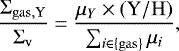 Mathematical equation: \begin{equation*} \frac{\Sigma_{\mathrm{gas,Y}}}{\Sigma_{\mathrm{v}}} = \frac{\mu_Y\times \mathrm{(Y/H)}}{\sum_{i\in\{\mathrm{gas}\}}\mu_i}, \end{equation*}