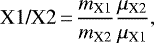 Mathematical equation: \begin{equation*}\textrm{X1/X2}\,{=}\,\frac{m_{\textrm{X1}}}{m_{\textrm{X2}}}\frac{\mu_{\textrm{X2}}}{\mu_{\textrm{X1}}}, \end{equation*}