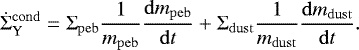 Mathematical equation: \begin{equation*}\dot\Sigma^{\mathrm{cond}}_{\mathrm{Y}} = \Sigma_{\mathrm{peb}} \frac{1}{m_{\mathrm{peb}}}\frac{\mathrm{d}m_{\mathrm{peb}}}{\mathrm{d}t}+\Sigma_{\mathrm{dust}} \frac{1}{m_{\mathrm{dust}}}\frac{\mathrm{d}m_{\mathrm{dust}}}{\mathrm{d}t}.\vspace*{-3pt} \end{equation*}