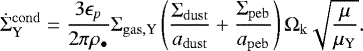 Mathematical equation: \begin{equation*} \dot\Sigma^{\mathrm{cond}}_{\mathrm{Y}} = \frac{3\epsilon_p}{2\pi\rho_{\bullet}}\Sigma_{\mathrm{gas,Y}}\left(\frac{\Sigma_{\mathrm{dust}}}{a_{\mathrm{dust}}}+\frac{\Sigma_{\mathrm{peb}}}{a_{\mathrm{peb}}}\right)\Omega_{\mathrm{k}}\sqrt{\frac{\mu}{\mu_{\mathrm{Y}}}}. \end{equation*}