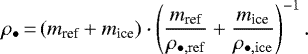 Mathematical equation: \begin{equation*} \rho_{\bullet}\,{=}\,(m_{\textrm{ref}} + m_{\textrm{ice}}) \cdot \left)\frac{m_{\textrm{ref}}}{\rho_{\bullet, \mathrm{ref}}} + \frac{m_{\textrm{ice}}}{\rho_{\bullet, \mathrm{ice}}} \right)^{-1}. \end{equation*}