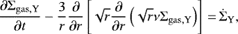 Mathematical equation: \begin{equation*}\frac{\partial\Sigma_{\mathrm{gas,Y}}}{\partial t} - \frac3r\frac{\partial}{\partial r}\left[\sqrt{r}\frac{\partial}{\partial r}\left(\sqrt{r}\nu\Sigma_{\mathrm{gas,Y}}\right)\right]\,{=}\, \dot\Sigma_{\mathrm{Y}}, \end{equation*}