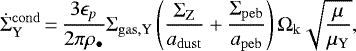 Mathematical equation: \begin{equation*} \dot\Sigma^{\mathrm{cond}}_{\mathrm{Y}}\,{=}\,\frac{3\epsilon_p}{2\pi\rho_{\bullet}}\Sigma_{\mathrm{gas,Y}}\left(\frac{\Sigma_{\mathrm{Z}}}{a_{\mathrm{dust}}}+\frac{\Sigma_{\mathrm{peb}}}{a_{\mathrm{peb}}}\right)\Omega_{\mathrm{k}}\sqrt{\frac{\mu}{\mu_{\mathrm{Y}}}}, \end{equation*}