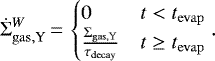 Mathematical equation: \begin{equation*}\dot\Sigma_{\mathrm{gas,Y}}^{W}\,{=}\,\begin{cases} 0 & t<t_{\mathrm{evap}}\\\frac{\Sigma_{\mathrm{gas,Y}}}{\tau_{\mathrm{decay}}} & t\geq t_{\mathrm{evap}} \end{cases}. \end{equation*}