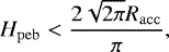 Mathematical equation: \begin{equation*} H_{\mathrm{peb}} < \frac{2\sqrt{2\pi} R_{\mathrm{acc}}}{\pi}, \end{equation*}