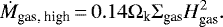 Mathematical equation: \begin{equation*} \dot{M}_{\textrm{gas, high}}\,{=}\,0.14 \Omega_{\textrm{k}}\Sigma_{\textrm{gas}} H_{\textrm{gas}}^{2}.\end{equation*}
