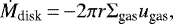Mathematical equation: \begin{equation*}\dot{M}_{\textrm{disk}}\,{=}\, {-}2\pi r \Sigma_{\textrm{gas}} u_{\textrm{gas}}, \end{equation*}
