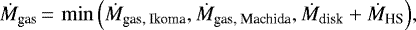 Mathematical equation: \begin{equation*}\dot{M}_{\textrm{gas}}\,{=}\,\min{\left)\dot{M}_{\textrm{gas, Ikoma}}, \dot{M}_{\textrm{gas, Machida}},\dot{M}_{\textrm{disk}}+\dot{M}_{\textrm{HS}}\right)}, \end{equation*}