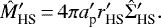 Mathematical equation: \begin{equation*} \hat{M}\prime_{\textrm{HS}}\,{=}\,4\pi a_{\textrm{p}}\primer\prime_{\textrm{HS}} \hat{\Sigma}\prime_{\textrm{HS}}. \end{equation*}