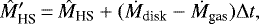 Mathematical equation: \begin{equation*} \hat{M}\prime_{\textrm{HS}}\,{=}\,\hat{M}_{\textrm{HS}} + (\dot{M}_{\textrm{disk}}-\dot{M}_{\textrm{gas}})\Delta t, \end{equation*}