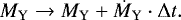Mathematical equation: \begin{equation*} M_{\mathrm{Y}} \rightarrow M_{\mathrm{Y}} + \dot M_{\mathrm{Y}} \cdot \Delta t. \end{equation*}