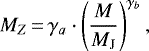 Mathematical equation: \begin{equation*} M_Z\,{=}\,\gamma_a \cdot \left(\frac{M}{M_{\mathrm{J}}}\right)^{ \gamma_b}, \end{equation*}