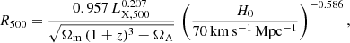 Mathematical equation: $$ \begin{aligned} R_{500} = \frac{0.957\, L_{\rm X,500}^{0.207}}{\sqrt{\Omega _{\rm m}\,(1+z)^3+\Omega _\Lambda }}\,\left(\frac{H_0}{70\,\mathrm{km\,s^{-1}\,Mpc^{-1}}}\right)^{-0.586}, \end{aligned} $$
