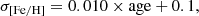 $$ \begin{aligned}&\sigma _{\rm [Fe/H]}=0.010\times \mathrm{age} +0.1, \end{aligned} $$