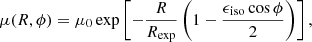 $$ \begin{aligned} \mu (R,\phi )=\mu _{0}\exp \left[-\dfrac{R}{R_{\rm exp}}\left(1-\dfrac{\epsilon _{\rm iso}\cos \phi }{2}\right)\right] ,\end{aligned} $$
