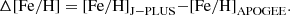 $$ \Delta \mathrm{[Fe/H]} = \mathrm{[Fe/H]}_{\rm J-PLUS} {-} \mathrm{[Fe/H]}_{\rm APOGEE}. $$