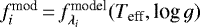 $f^{\textrm{mod}}_i\,{=}\,f^{\textrm{model}}_{\lambda_i}(T_{\textrm{eff}},\textrm{log}\, g)$