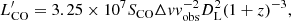 $$ \begin{aligned} L^{\prime }_{\rm CO} = 3.25 \times 10^{7} S_{\rm CO}\Delta v { v}_{\rm obs}^{-2}D_{\rm L}^{2}(1+z)^{-3}, \end{aligned} $$