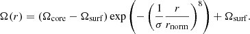 Mathematical equation: $$ \begin{aligned} \Omega (r)=(\Omega _{\mathrm{core}}-\Omega _{\mathrm{surf}}) \exp \left(-\left(\frac{1}{\sigma } \frac{r}{r_{\rm norm}}\right)^8\right) +\Omega _{\mathrm{surf}}. \end{aligned} $$