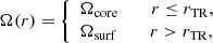 Mathematical equation: $$ \begin{aligned} \Omega (r)=\left\{ \begin{array}{ll} \Omega _{\rm core} \qquad \; r \le r_{\rm TR},\\ \Omega _{\rm surf} \qquad \; r > r_ \mathrm{TR}, \end{array}\right. \end{aligned} $$