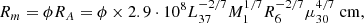 $$ \begin{aligned} R_{m}=\phi R_{A}= \phi \times 2.9 \cdot 10^{8} L_{37}^{-2/7} M_{1}^{1/7} R_{6}^{-2/7}\mu _{30}^{4/7} \; \mathrm{cm} , \end{aligned} $$