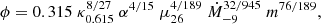$$ \begin{aligned} \phi =0.315 \;\kappa _{0.615}^{8 / 27}\; \alpha ^{4 / 15}\; \mu _{26}^{4 / 189}\; \dot{M}_{-9}^{32 / 945}\; m^{76 / 189} , \end{aligned} $$