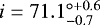 Mathematical equation: $i=71.1^{\circ+0.6}_{-0.7}$