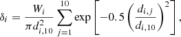 $$ \begin{aligned} \delta _i = \frac{W_i}{\pi d_{i,10}^2} \sum _{j=1}^{10} \exp \left[-0.5\left(\frac{d_{i,j}}{d_{i,10}}\right)^2\right], \end{aligned} $$