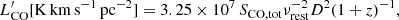 $$ \begin{aligned} L^\prime _{\rm CO} [\mathrm{K\,km\,s^{-1}\,pc^{-2}}]= 3.25 \times 10^7\, S_{\rm CO,tot} \nu _{\rm rest}^{-2} D^{2} (1+z)^{-1}, \end{aligned} $$