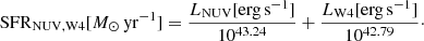 $$ \begin{aligned} \mathrm{SFR}_{\mathrm{NUV,W4}}[M_{\odot }\,\mathrm{yr^{-1}}] = \frac{L_{\rm NUV}\mathrm{[erg\,s^{-1}]}}{10^{43.24}}+\frac{L_{\rm W4}\mathrm{[erg\,s^{-1}]}}{10^{42.79}}\cdot \end{aligned} $$