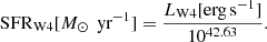 $$ \begin{aligned} \mathrm{SFR}_{\rm W4}[M_{\odot }\, {\text{ yr}^{-1}}] = \frac{L_{\rm W4}\mathrm{[erg\,s^{-1}]}}{10^{42.63}}. \end{aligned} $$