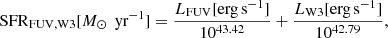 $$ \begin{aligned} \mathrm{SFR}_{\rm FUV,W3}[M_{\odot }\, {\text{ yr}^{-1}}] = \frac{L_{\rm FUV}\mathrm{[erg\,s^{-1}]}}{10^{43.42}}+\frac{L_{\rm W3}\mathrm{[erg\,s^{-1}]}}{10^{42.79}}, \end{aligned} $$