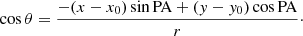 $$ \begin{aligned} \cos {\theta } = \frac{-(x-x_0)\sin {\mathrm{PA}}+(y-y_0)\cos {\mathrm{PA}}}{r}\cdot \end{aligned} $$